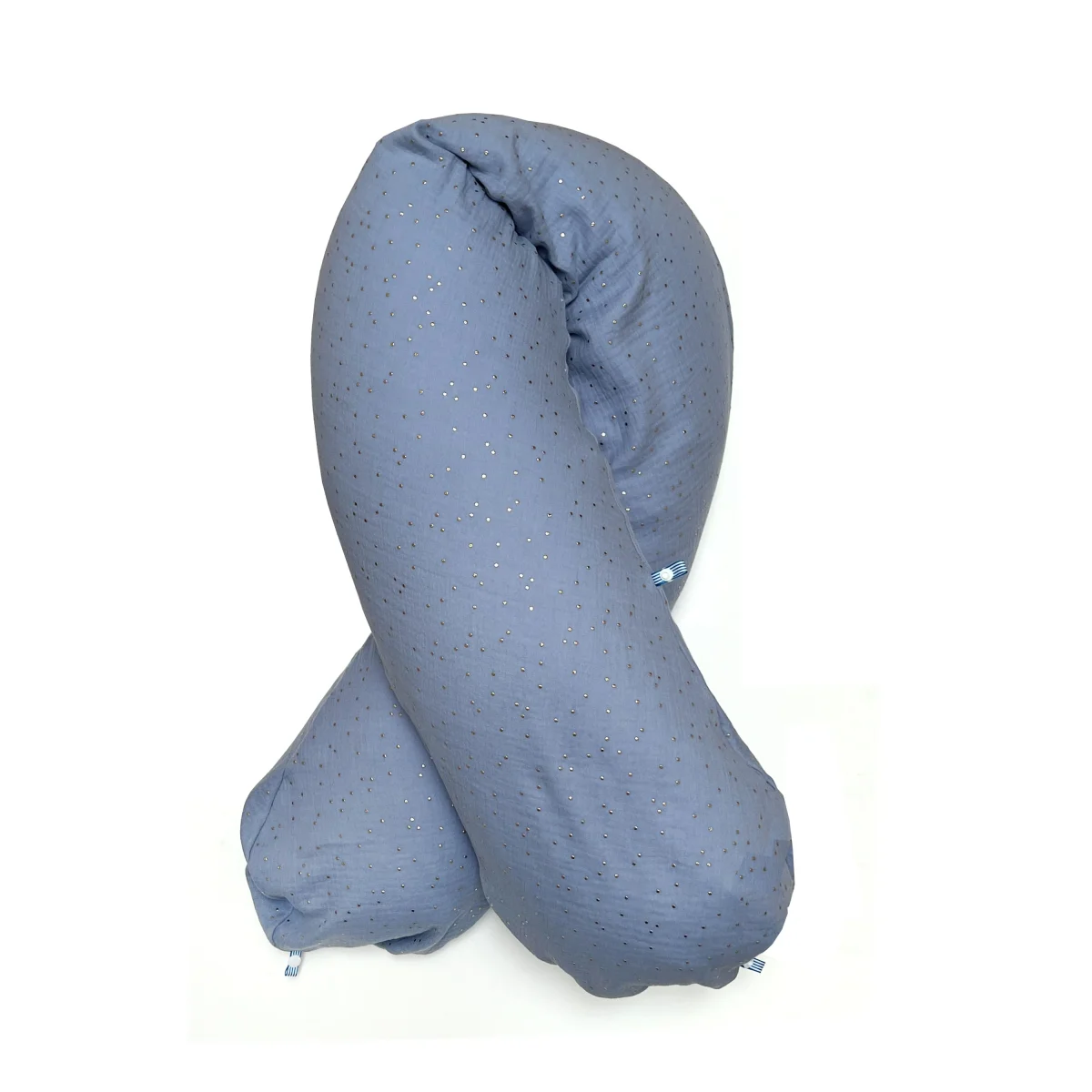 „Das Original“  Theraline  Stillkissen inkl. Musselin Bezug  (190 cm x 38 cm) – Blau mit Gold Punkten