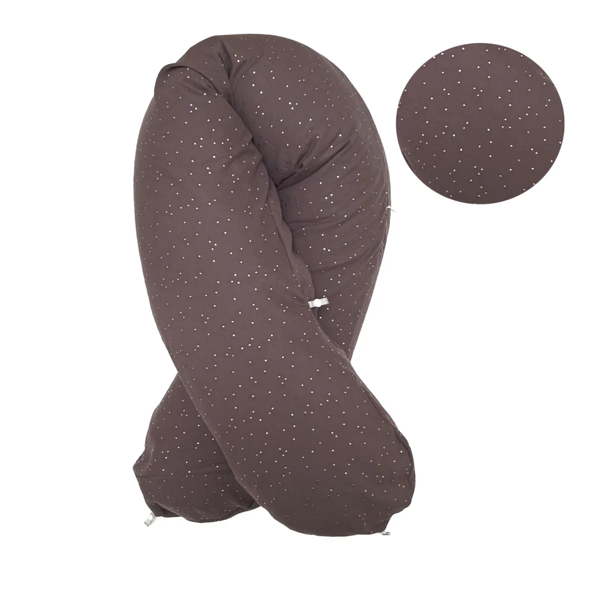 „Das Original“  Theraline  Stillkissen inkl. Musselin Bezug  (190 cm x 38 cm) – Dunkelbraun mit Gold Punkten