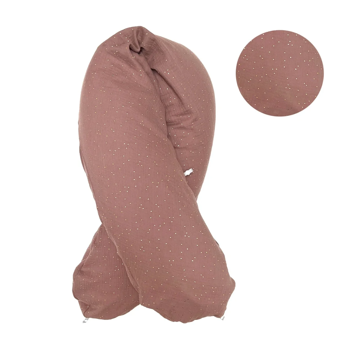 „Das Original“  Theraline  Stillkissen inkl. Musselin Bezug  (190 cm x 38 cm) – Braun mit Gold-Punkten